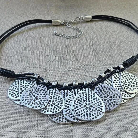 Women Necklace Silver Tone Heart Shape Coin Pendant Fashion Jewelry Black Cord - Picture 4 of 6